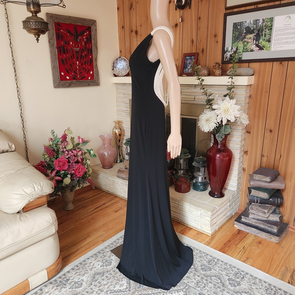 Stunning La Femme 19814 Pearl-Back Jersey Gown Size 6 Black - Picture 2 of 13